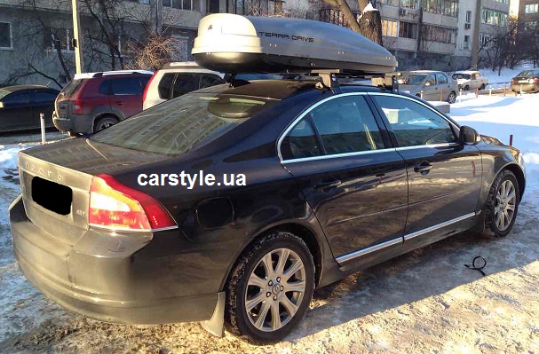 Багажник Amos Dromader Stl Plus и бокс Terra Drive-480 (серый) на Volvo S80