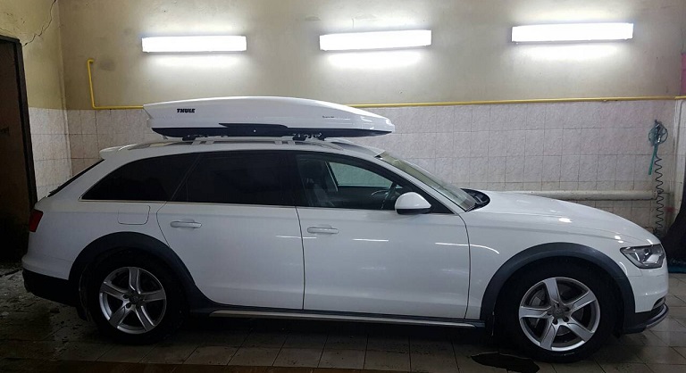 Багажник Aguri Prestige и бокс Thule Dynamic 800 White на Audi A6