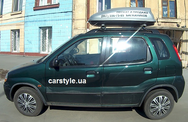 Багажник CarStyle Rails с поперечинами Aero и бокс Terra Drive-320 (серый) на Suzuki Ignis